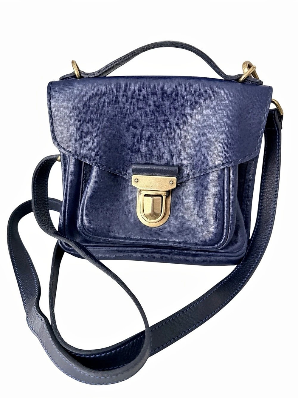 ROOTS Canada Blue Leather Top Handle Cross Body Purse Push Clasp Rare!